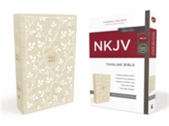 NKJV, Thinline Bible, Standard Print, Cloth over Board, White/Tan, Red Letter Edition, Comfort Print