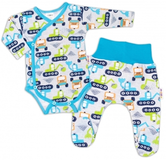 Baby Nellys 2-dílná sada, body dl.rukáv zap. bokem + polodupačky Bagr, šedá; 56 (1-2m)