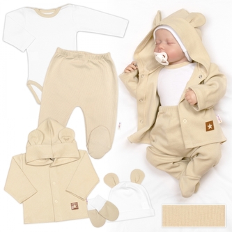 Žebrovaná sada, Star 5D, body, polodupačky, kabátek, čepička, rukavice - bílá, béžová
; 56 (1-2m)