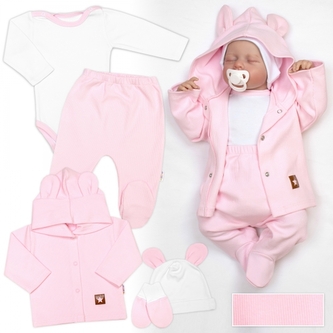 Žebrovaná sada, Star 5D, body, polodupačky, kabátek, čepička, rukavice - růžová, bílá
; 56 (1-2m)