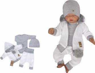 Z&Z 4-dílná pletená soupravička, kabátek, tepláčky, čepička a body, bílá-šedá, vel. 80; 80 (9-12m)
