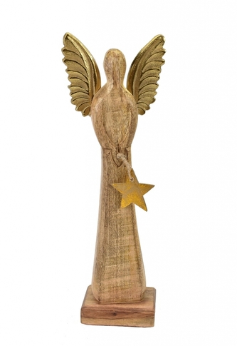 Dřevěný anděl Mango gold s kovovými křídly 34x12x6 cm M