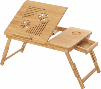 Songmics, Stolek pod notebook bambusový, odvětrávání, úložný šuplík, šířka 61cm