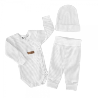 Žebrované zavinovací body, tepláčky a čepička Kazum 3D bavlněná sada, bílé, vel. 62; 62 (2-3m)