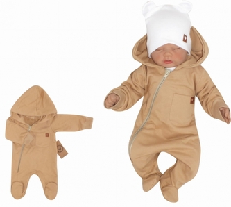 Z&Z Dětský teplákový overálek se šlapkama, kapucí a kapsičkou, béžový, vel. 68; 68 (3-6m)