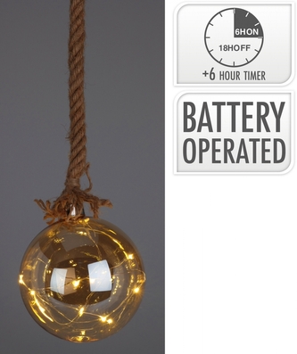 Skleněná koule 12 cm s 10 LED diodami a jutovým provazem