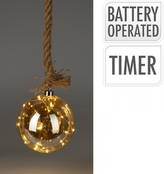 Skleněná jantarová LED koule 12 cm s jutovým provazem