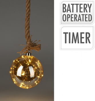 Skleněná jantarová LED koule 12 cm s jutovým provazem