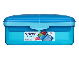 Sistema® Lunch™ Krabička Quaddie 1,5 l se 3 výklopnými přihrádkami ve víku a s lahví na pití, modrá