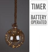 Skleněná koule kouřová lesklá 20 cm s 20 LED diodami a jutovým provazem