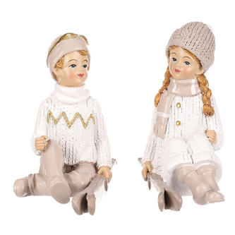 Chlapec a dívka s lyžemi, sedící - polyresin, béžoví, cena za 1 ks