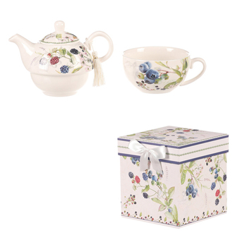 Konvička se šálkem - dárkový set v krabičce, porcelán, bílý s lesními plody Konvička se šálkem - dárkový set v krabičce, porcelán, bílý s lesními plody