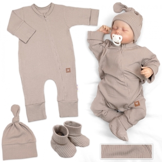 Rostoucí žebrovaný overálek, čepička a botičky, 3D, Nature - toffi, vel. 62/68; 62/68 (3-6m)