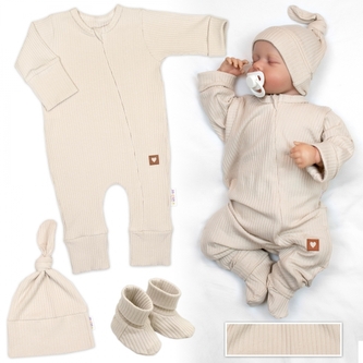 Rostoucí žebrovaný overálek, čepička a botičky, 3D, Nature - sv. béžová; 50/56 (0-2m)