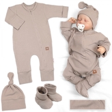 Rostoucí žebrovaný overálek, čepička a botičky, 3D, Nature - toffi, vel. 74/80; 74/80 (9-12m)