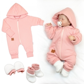 Bavlněný oteplený overálek s kapucí, rukavičky, botky, 3D sada Nature - korálová; 56 (1-2m)