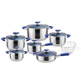 HOME ELEMENTS-HR sada nerez nádobí 13 dílná, skleněné modré poklice