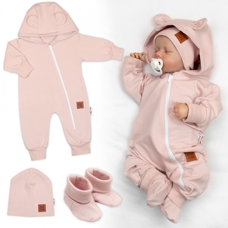 Rostoucí teplákový overal pro miminko, čepice, botky, 3D, Nature - růžová; 56/62 (0-3m)
