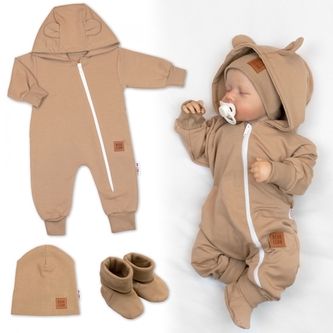 Rostoucí teplákový overal pro miminko, čepice, botky, 3D, Nature - karamelová, vel. 80/86; 80/86 (12-18m)