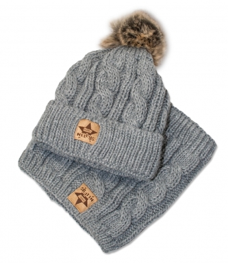 BABY NELLYS Zimní pletená čepice s bambulí + komínek, šedá, vel. 104/116; 104-116 (4-6r)