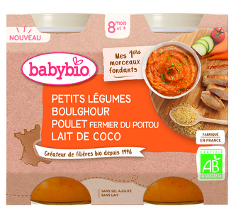 BABYBIO bio zelenina s bulgurem, farmářským kuřetem a kokosovým mlékem 2x200g