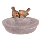 Pítko pro ptáčky zdobené dvěma pěvci - polyresin, kulaté, šedé