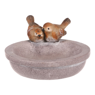 Pítko pro ptáčky zdobené dvěma pěvci - polyresin, kulaté, šedé