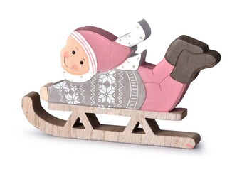 Dekorace dřevo 180x115mm dítě na sáňkách, přírodní+mix barev