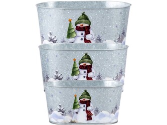 Květináč plechový 3 ks 255x155x130/ 225x135x110/195x110x90mm oválný sněhulák, barevný