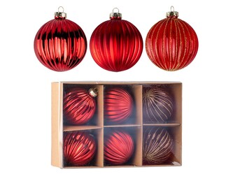 Koule sklo 6ks 80mm na stromeček mix, čirá s glitrem, červená