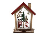 Dekorace dřevo 140×190 mm, domeček se sněhulákem na postavení, přírodní s glitrem, barevná