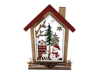Dekorace dřevo 140×190 mm, domeček se sněhulákem na postavení, přírodní s glitrem, barevná