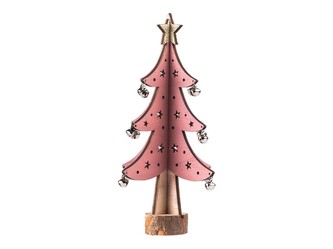 Dekorace dřevo 135x240mm,stromek na postavení s rolničkamii, růžová