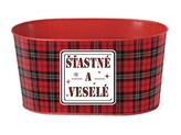 Květináč plechový 225x110mm oválný "Šťastné a veselé" kostička, červená, černá, zelená