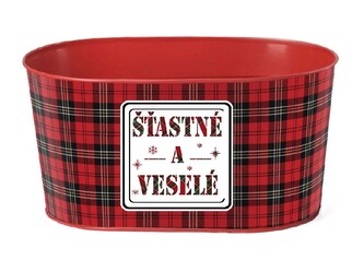 Květináč plechový 225x110mm oválný "Šťastné a veselé" kostička, červená, černá, zelená