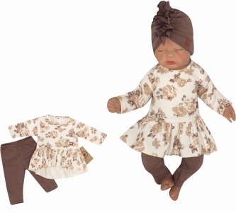 Bavlněná sada, 2D, tunika + legíny s květy - čokoládová/ecru; 56 (1-2m)