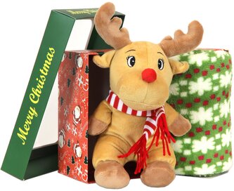 Vánoční plyšový sob s dekou v dárkové krabičce