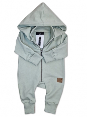 Dětský teplákový overal bez šlapek s odepínatelnou kapucí, bavlna, mátová, vel. 68; 68 (3-6m)