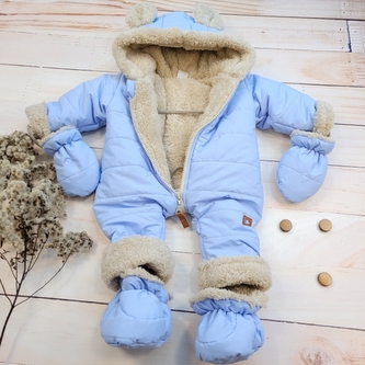Zimní prošívaná kombinéza s kožíškem a kapucí + rukavičky + botičky, Z&Z - modrá, vel. 68; 68 (3-6m)