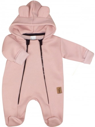 Oteplený dětský overálek se šlapkama a kapucí, Kazum, pudrový, vel. 74; 74 (6-9m)