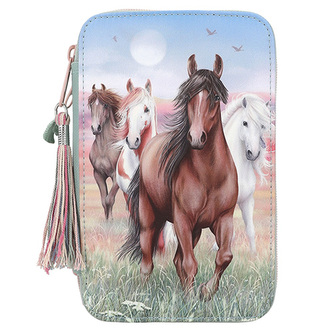 Penál s výbavou Miss Melody, Pastelové barvy, 4 koně na louce, třípatrový