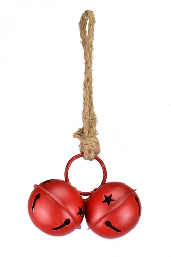 Dvojité kovové rolničky červené na jutovém provaze 5x11x20 cm