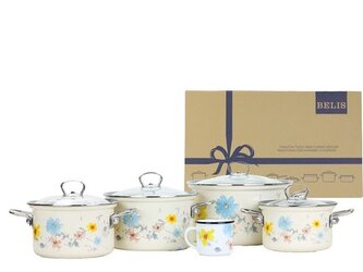 sada 5dílná hrnce+rendl.+PO sklo bílá, MEADOW, smalt