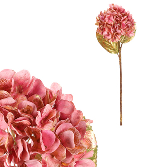 Hortenzie s pozlacením - umělý květ na stonku, barva růžová.