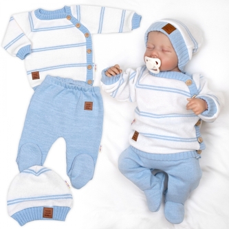 Pletená sada pro miminko s jemným proužkem 3D, lux - modrá, bílá; 56 (1-2m)