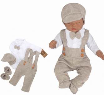 Z&Z 5-dílná pletená sada Boy, body, kalhoty, čepička, motýlek, botičky, béžová, vel. 74; 74 (6-9m)