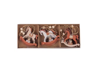 Závěs  dřevo 9 ks 80x70mm, kůň s dárečky mix, hnědá, krémová, bílá s glitrem