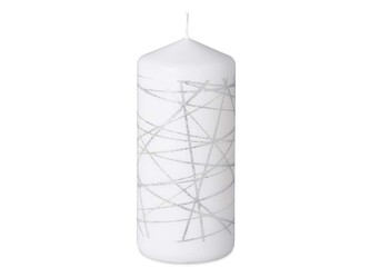 Svíčka 68x150 mm Glitrové čáry stříbrné, bílá