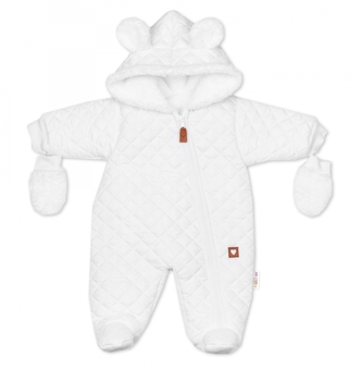 Zimní prošívaná kombinéza s chlupáčkovou podšívkou + rukavičky, Love, bílá; 56 (1-2m)