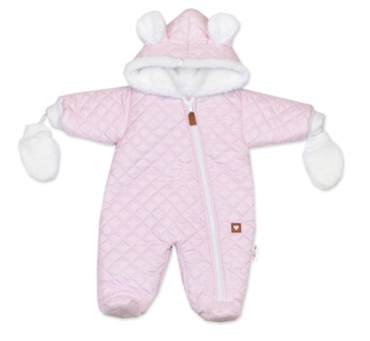 Zimní prošívaná kombinéza s chlupáčkovou podšívkou + rukavičky, Love, růžová, vel. 74; 74 (6-9m)